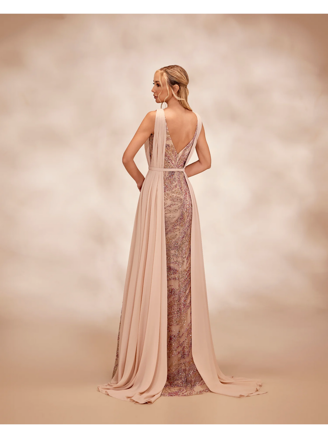 RTW26- Nude dress with a plunging V-neckline with multicolor beading - FOSTANI.com