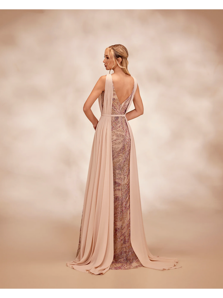 RTW26- Nude dress with a plunging V-neckline with multicolor beading - FOSTANI.com