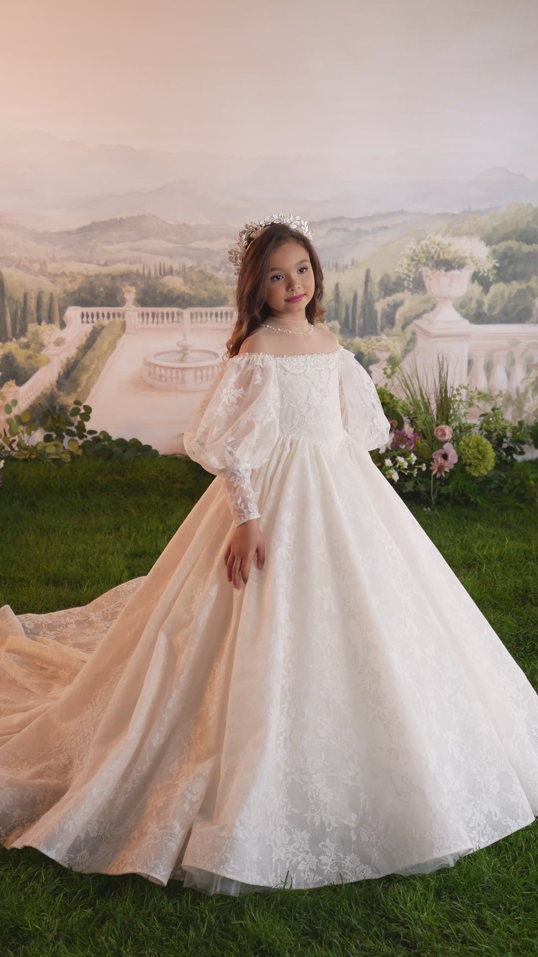 Pentelei 3902 Pearl-Beaded Lace Puff Sleeve Kids Ball Gown