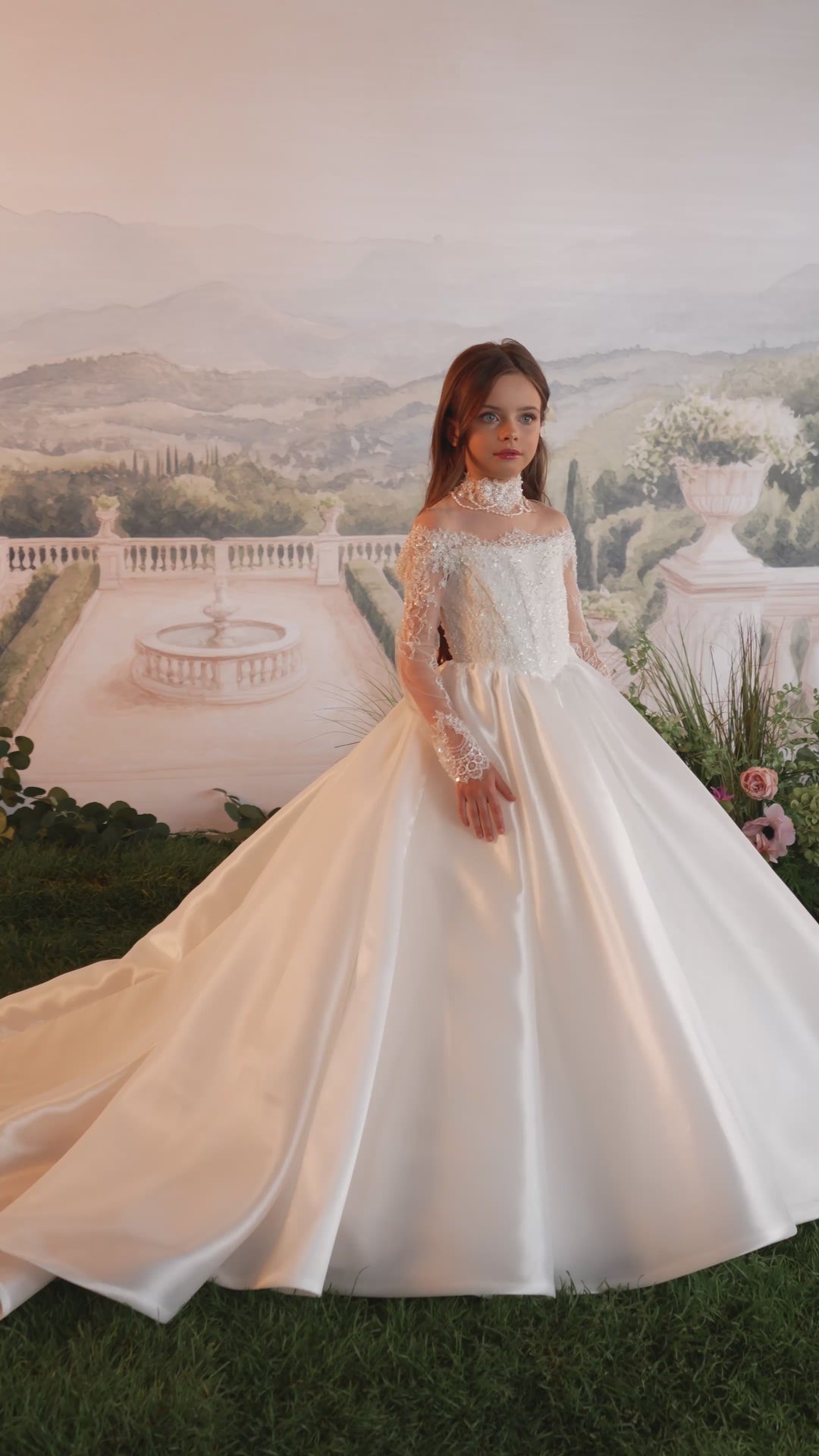 Pentelei 3901 Beaded Illusion Long-Sleeve Kids Ball Gown
