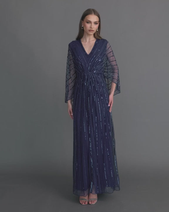 Mac Duggal 93841 Beaded Striping Kimono Sleeve V Neck Gown video