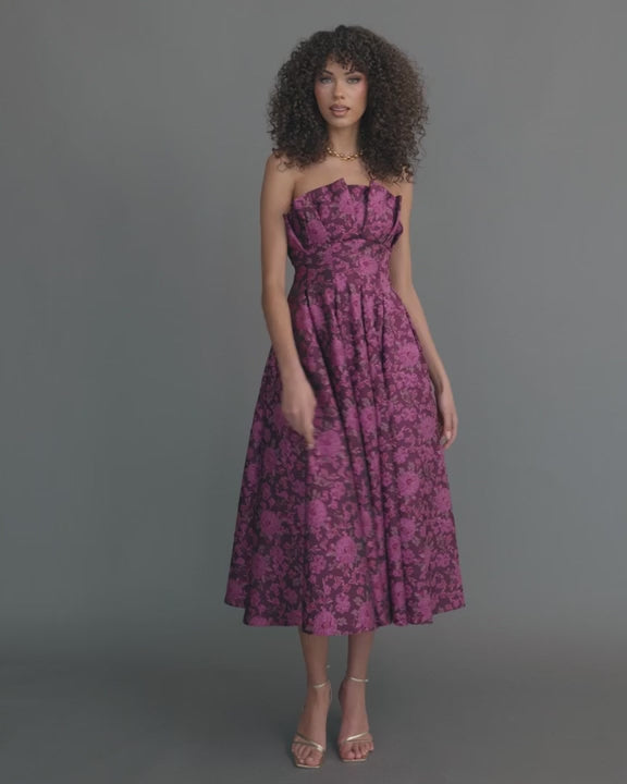 Mac Duggal 56159 Strapless Floral Brocade A-Line Midi Dress video