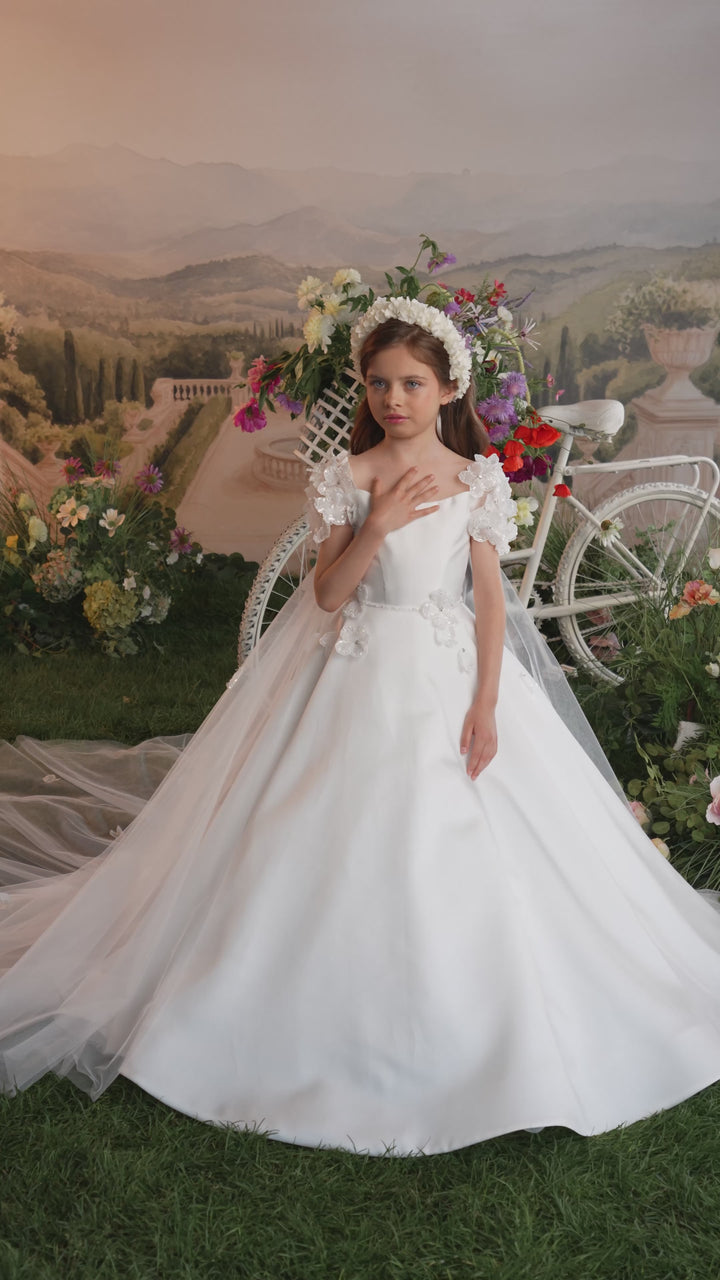 Pentelei 3909 Floral Shoulder Cluster – Ivory Kids Ball Gown Communion Dress