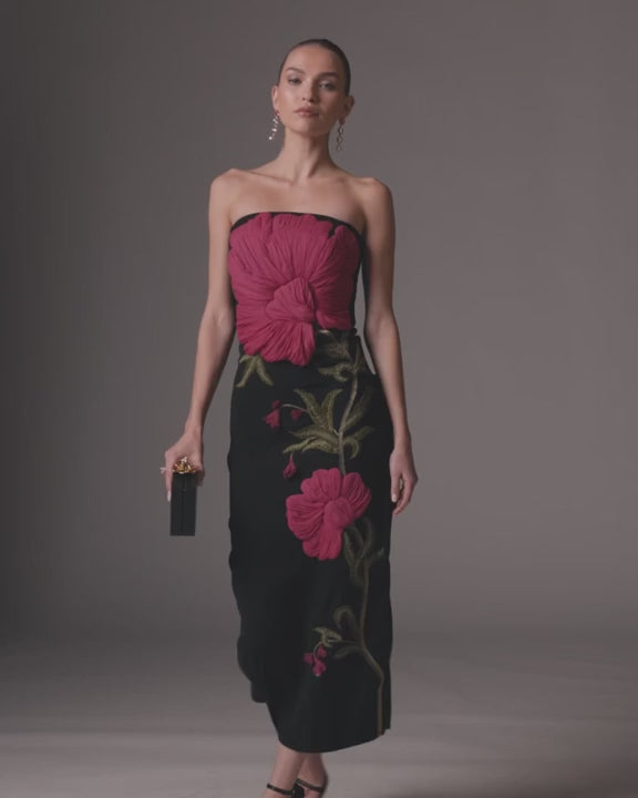 Mac Duggal 94359 Strapless Floral Embroidered Midi Dress video