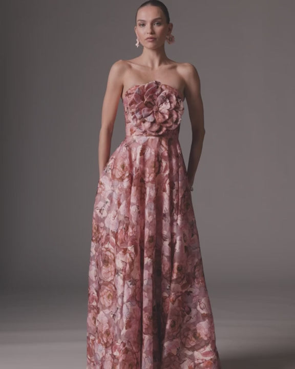 Mac Duggal 2360 Strapless Floral Printed A-Line Gown With 3D Flower video