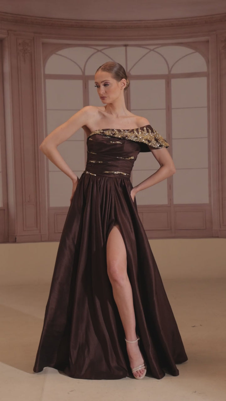 Reverie Couture FW273 Asymmetrical Off-Shoulder Dress