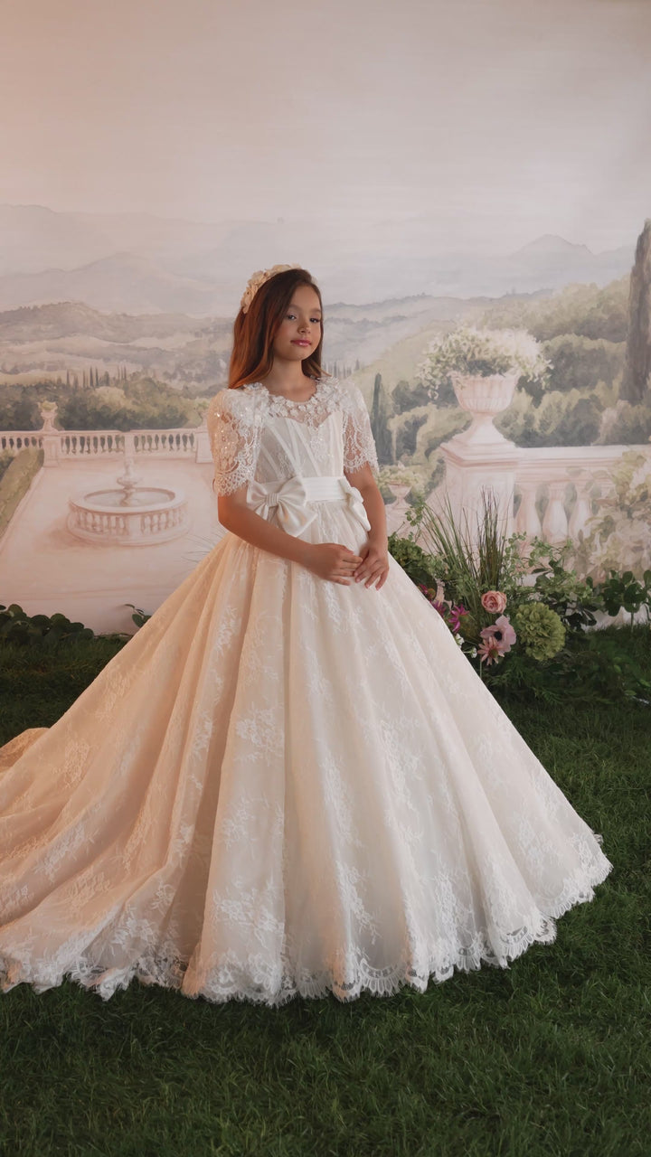 Pentelei 3908 Illusion Back Lace Sash Kids Ball Gown