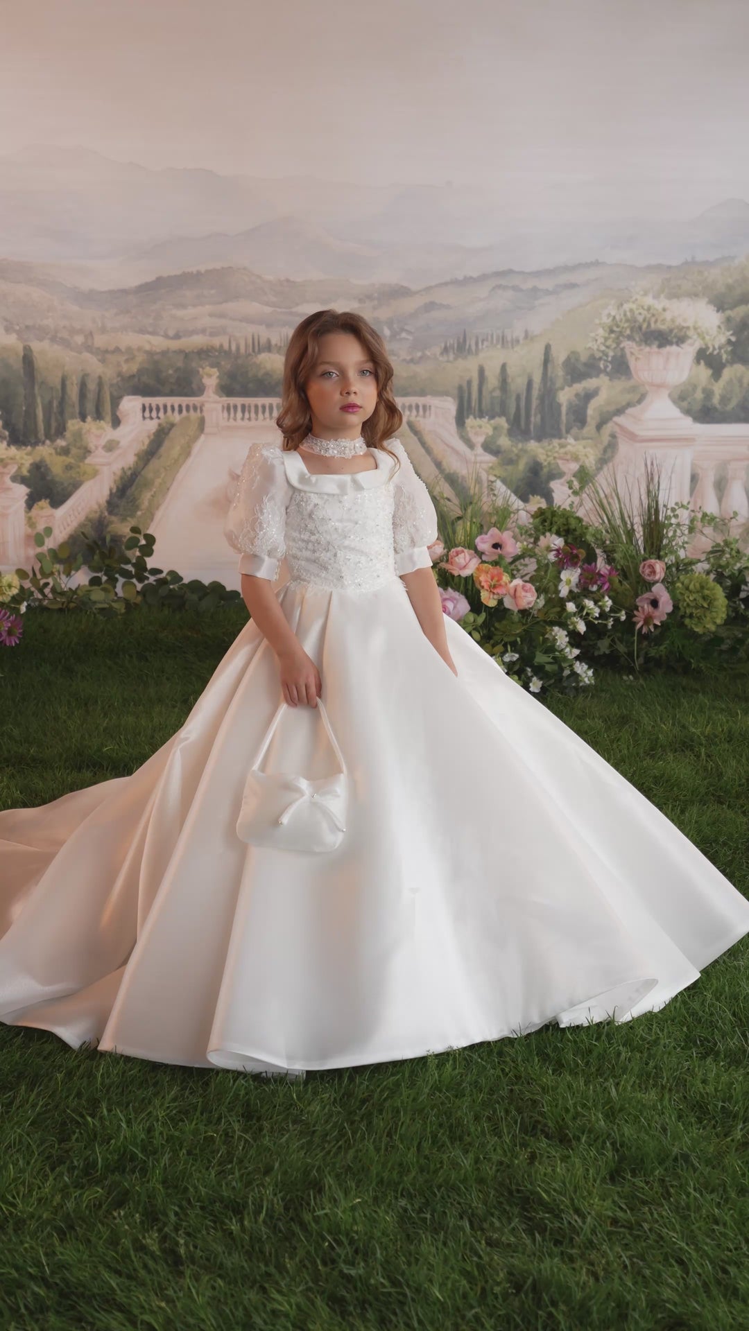 Pentelei 3935 Lace Puff Sleeve Satin Ball Gown Kids Dress