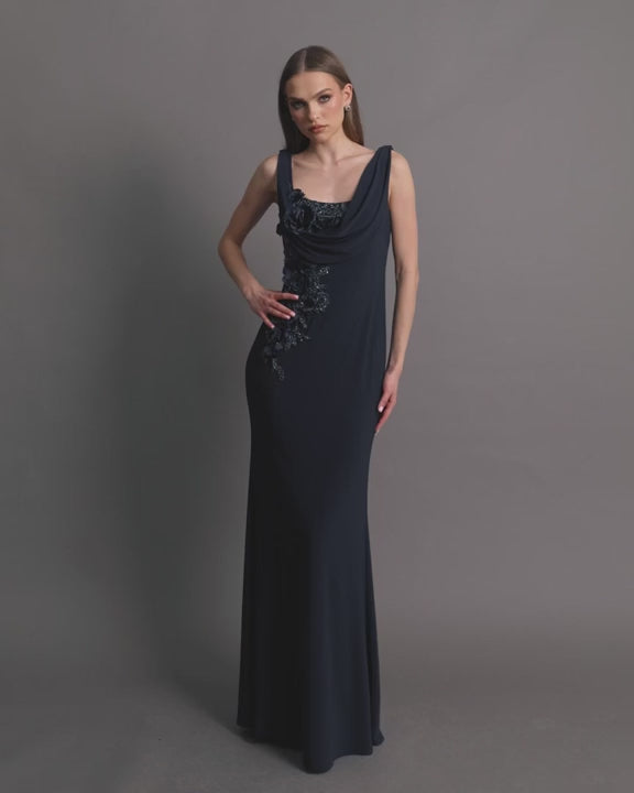 Mac Duggal 11910 Sleeveless Jersey Cowl Neck Dress With Beading video