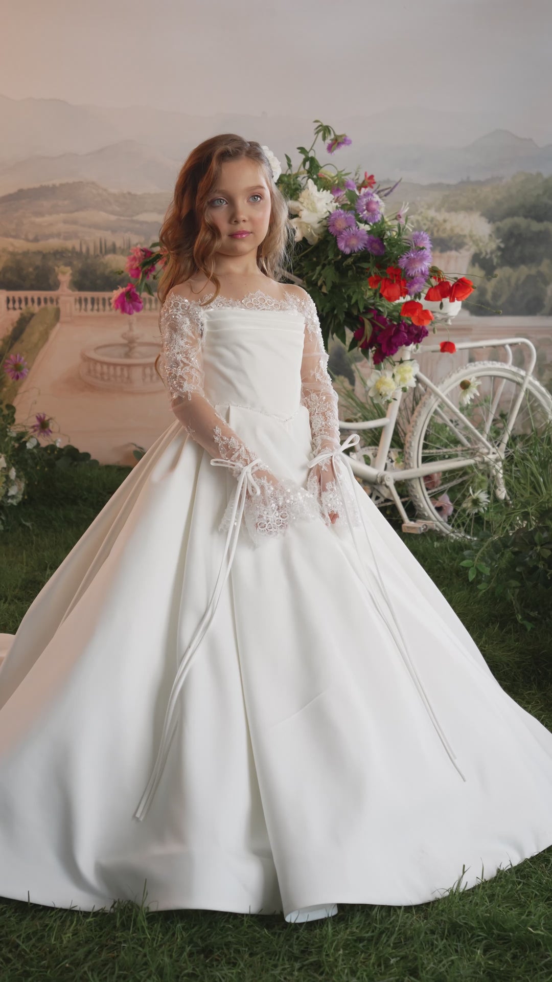 Pentelei 3919 Off-Shoulder Lace Bow Sleeve Kids Ball Gown