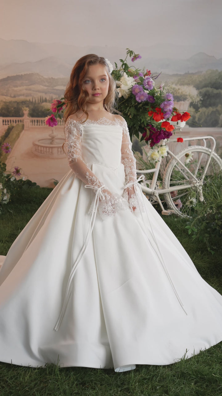 Pentelei 3919 Off-Shoulder Lace Bow Sleeve Kids Ball Gown