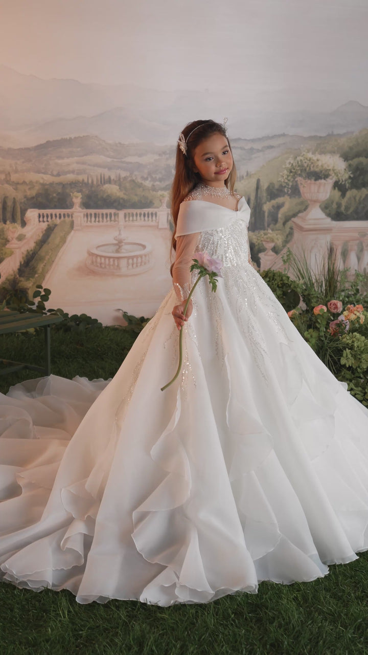 Pentelei 3928 Beaded Ruffle Train Kids Ball Gown