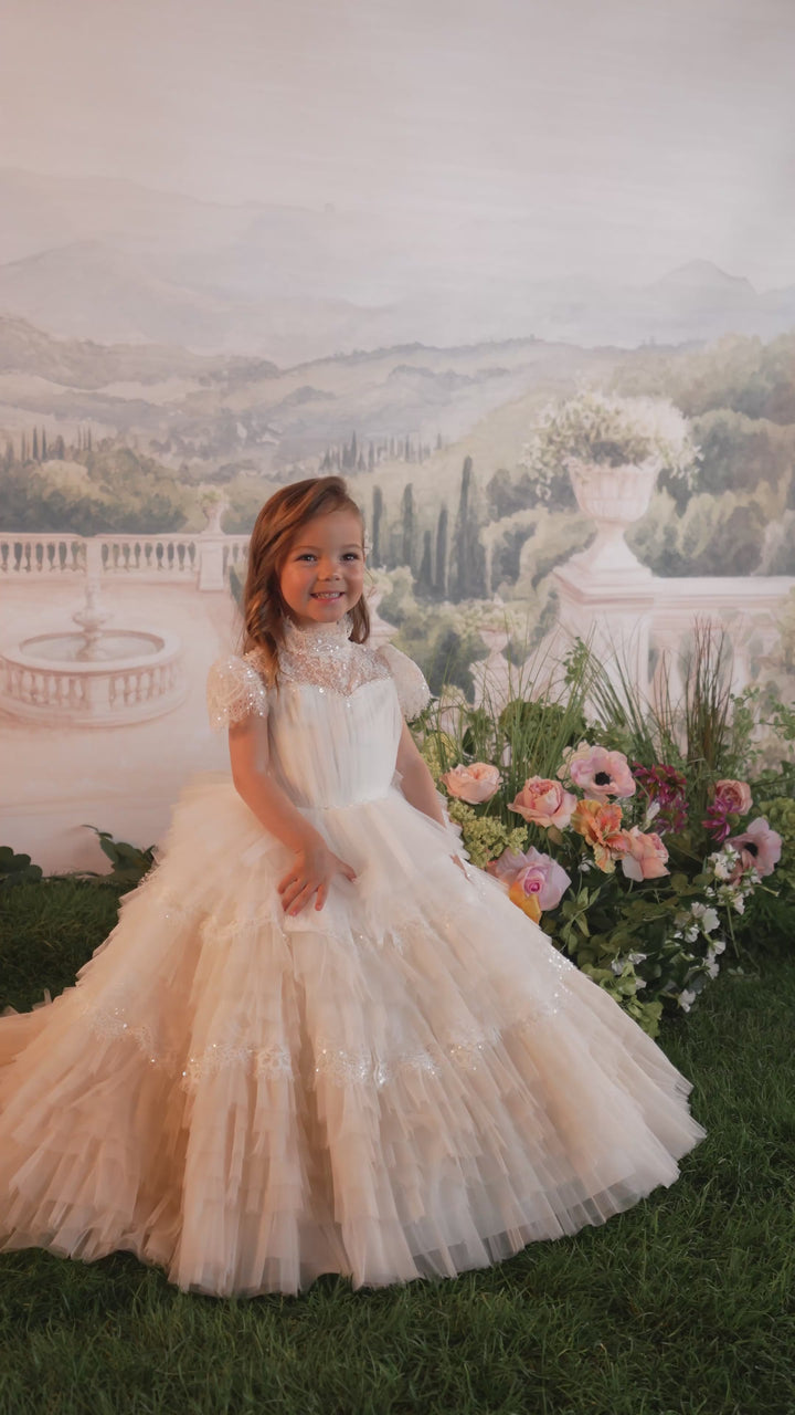 Pentelei 3904 Tiered Ruffle Keyhole Back Kids Ball Gown