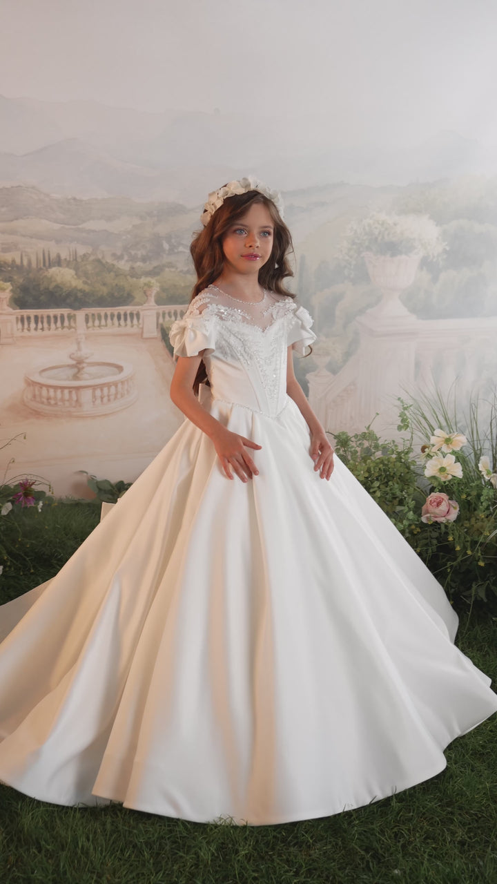 Pentelei 3907 Beaded Puff Sleeve Bow Kids Ball Gown