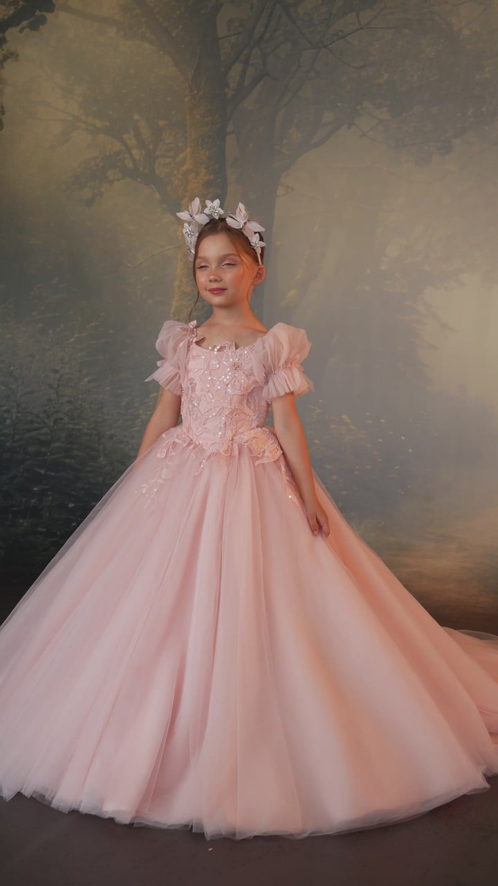 Pentelei 3927 Sequined Floral Puff Sleeve Kids Ball Gown
