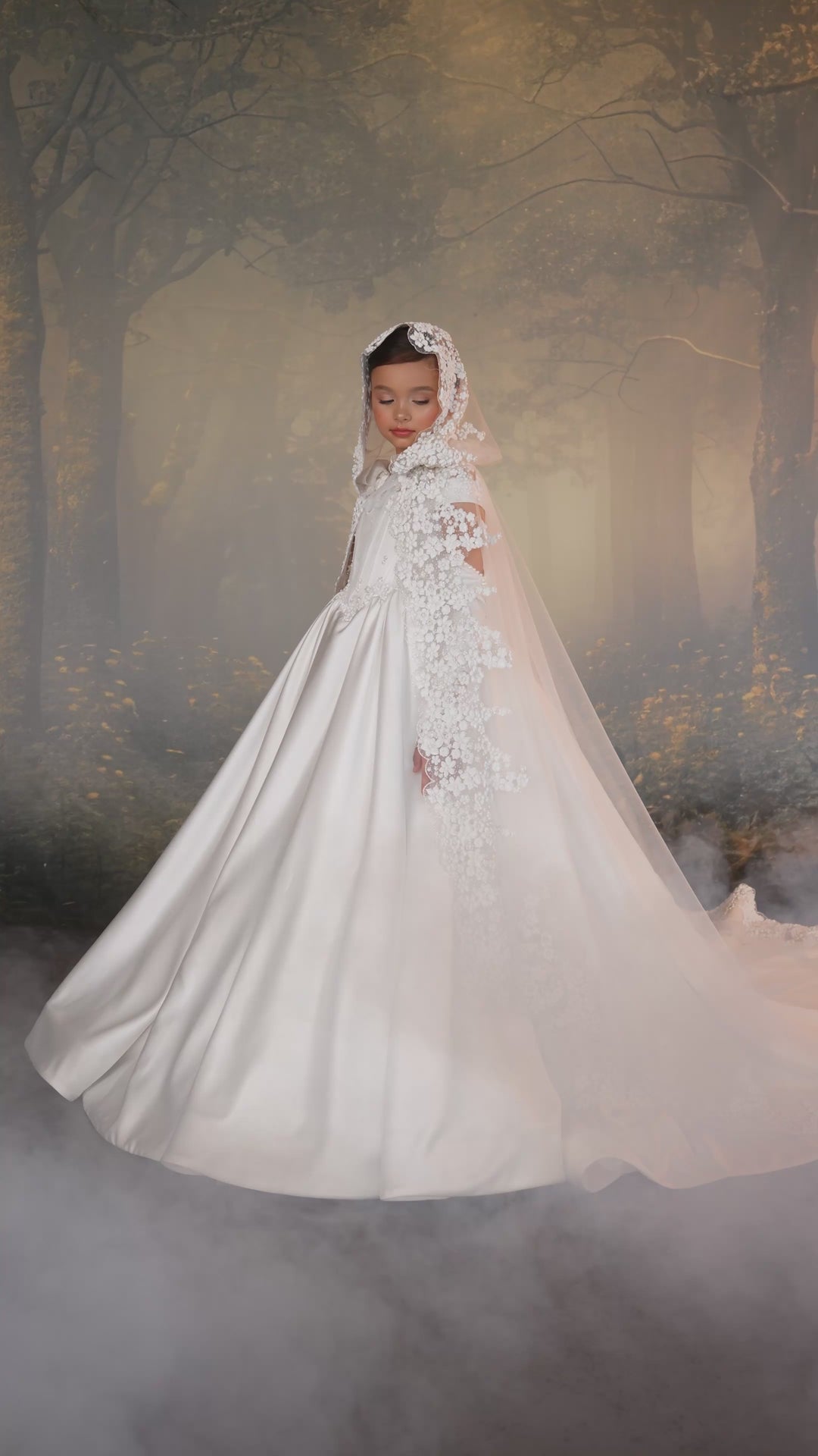 Pentelei 3942 Pearl Beaded Ball Gown with Optional Lace Cathedral Cape & Gloves Kids Dress