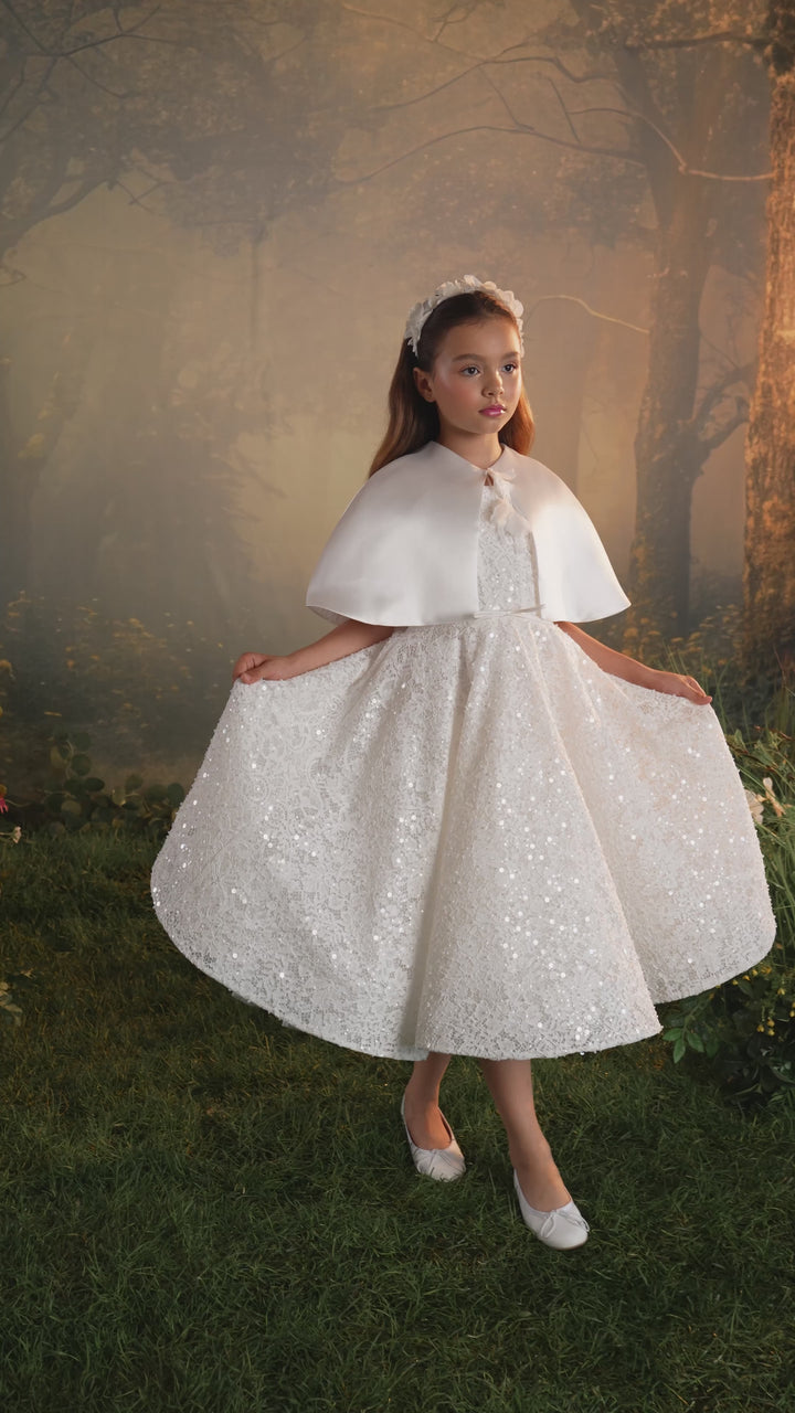 Pentelei 3930 Sequin Lace Tea-Length Dress with Optional Cape Kids Dress