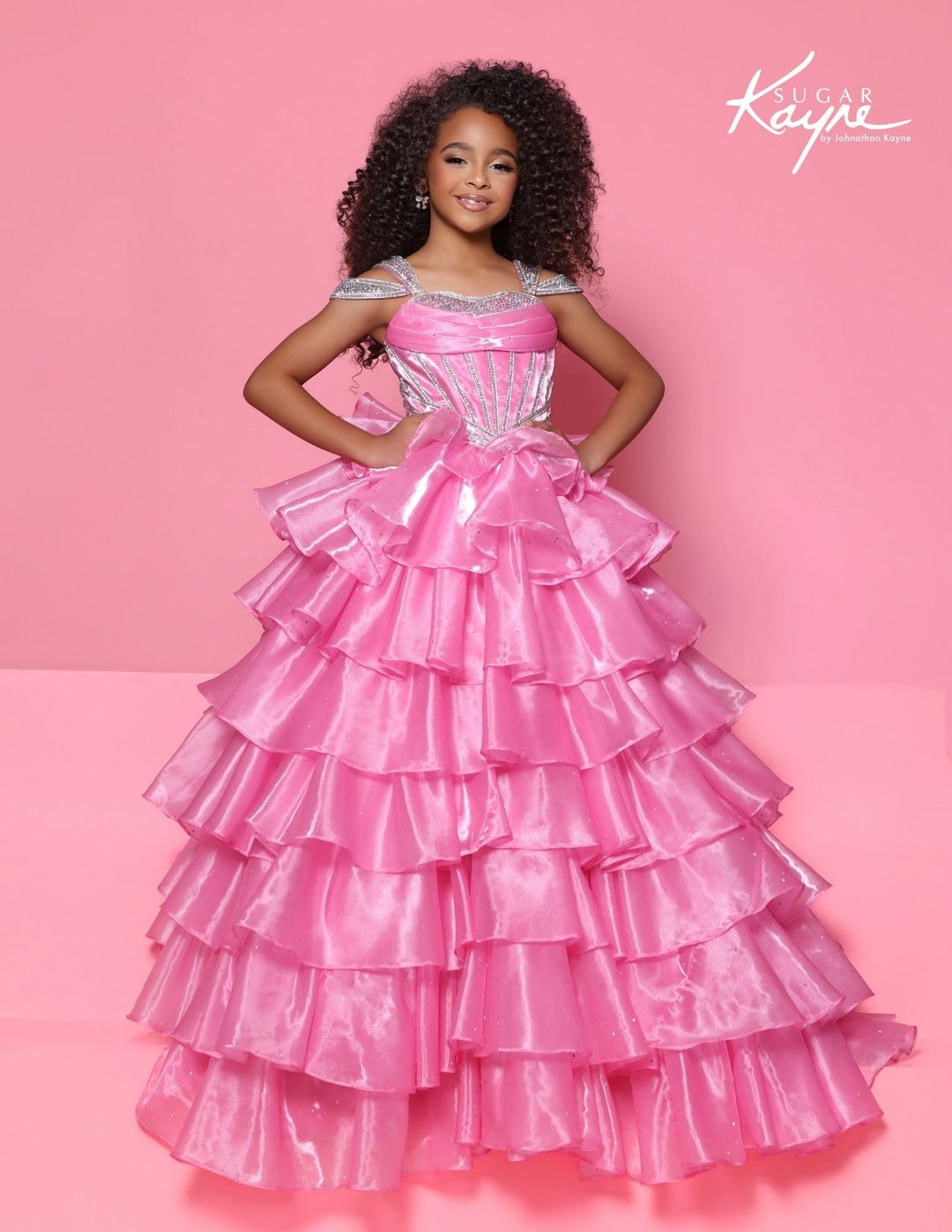 Sugar Kayne C418 off-the-shoulder tiered girls ball gown front view