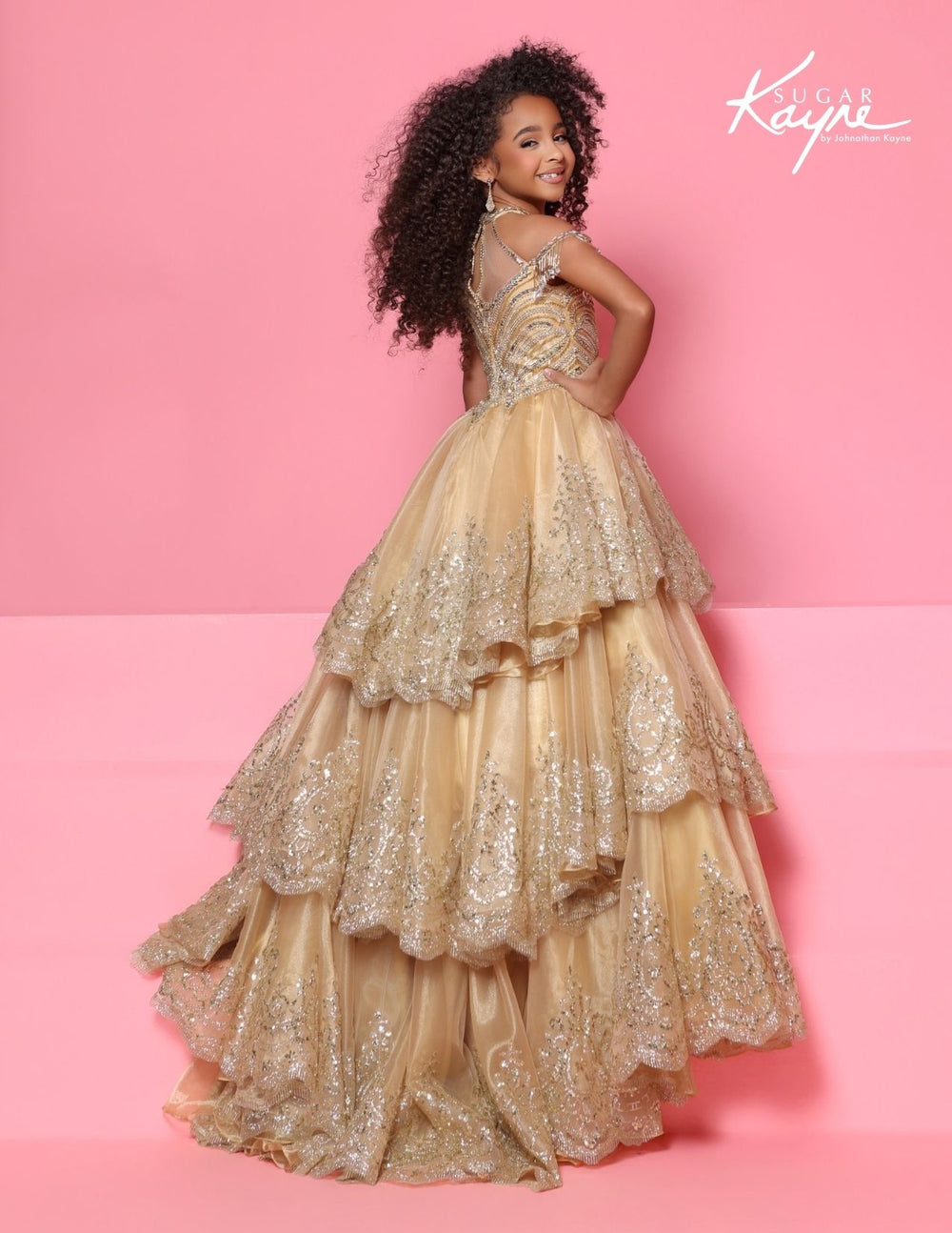 Sugar Kayne C421 crystal fringe tiered girls pageant gown back view