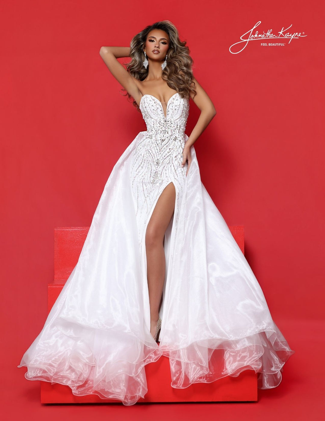 Johnathan Kayne 3322 strapless beaded pageant gown with overskirt alternate color front view 3