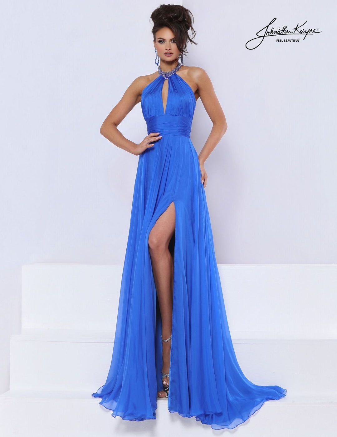 Johnathan Kayne 3329 beaded halter A-line evening gown alternate color front view 2