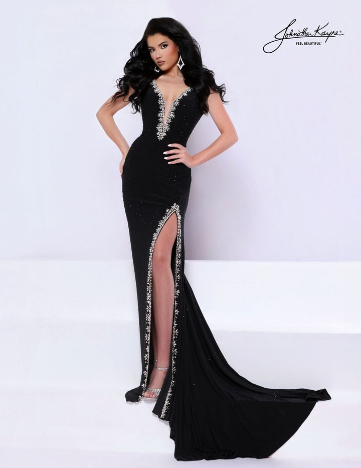 Johnathan Kayne 3336 plunging pageant gown with slit and train alternate color front view 2