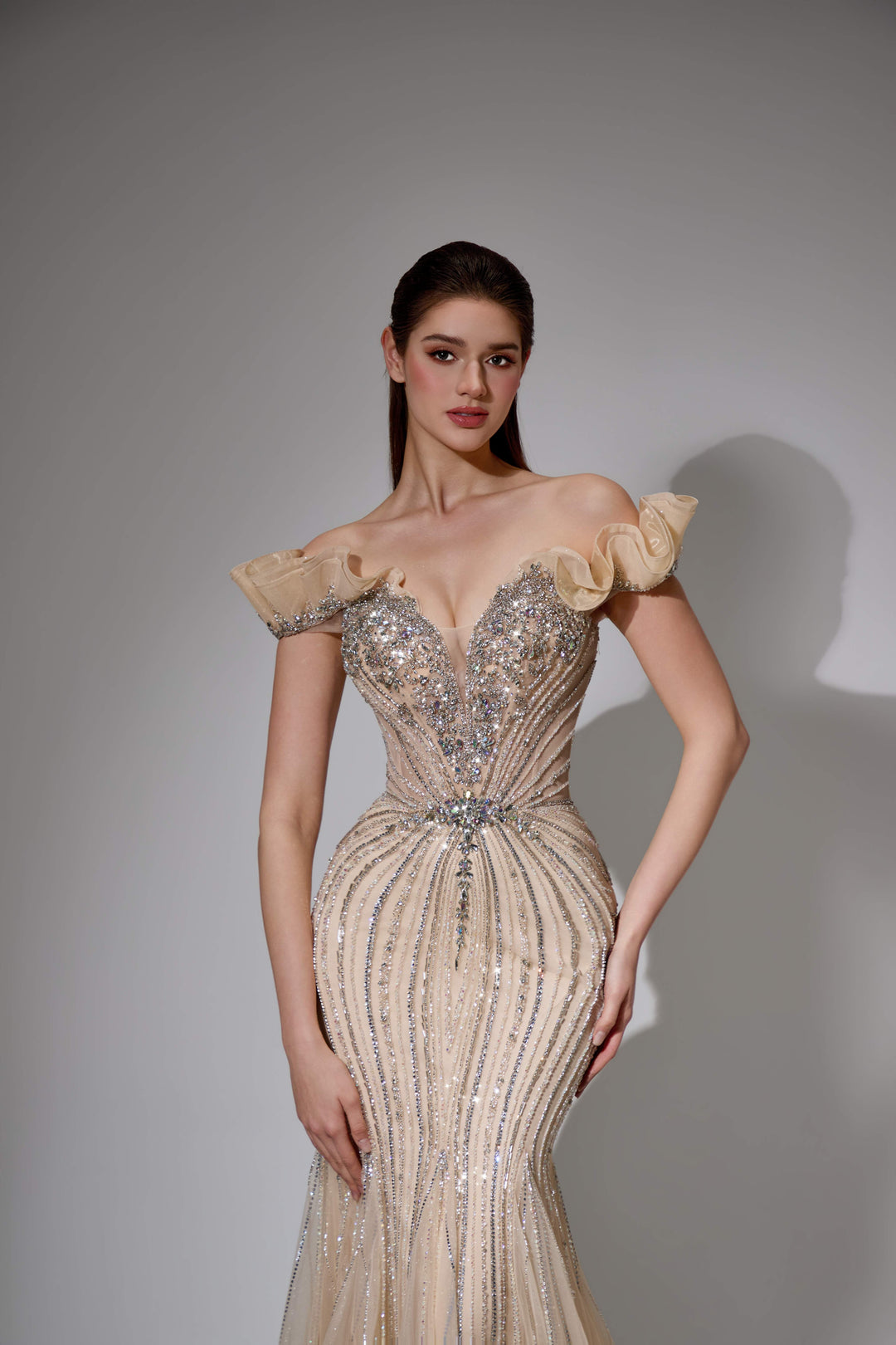 Delilah SH11602 Off-the-Shoulder Ruffle Plunging Corset Mermaid Gown - Champagne close-up view