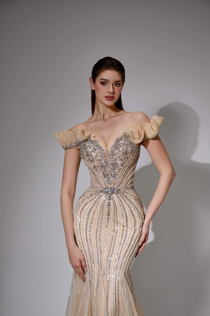 Delilah SH11602 Off-the-Shoulder Ruffle Plunging Corset Mermaid Gown - Champagne close-up view