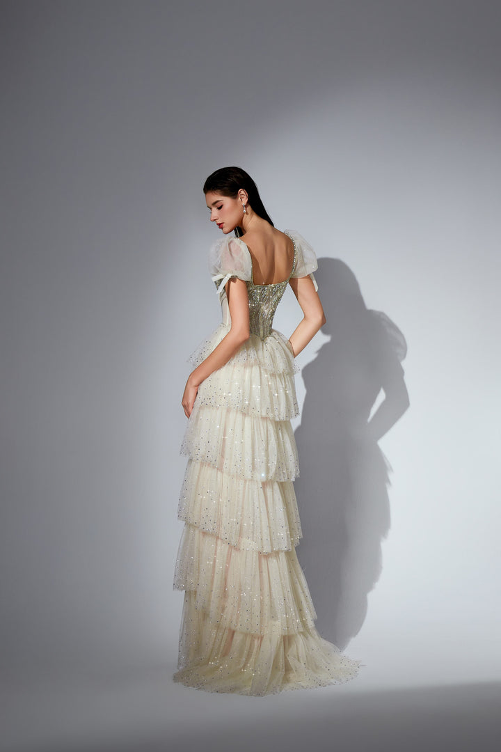 Delilah SH11607 Beaded Corset Gown with Puff Sleeves and Tiered Ruffle Skirt - White back view