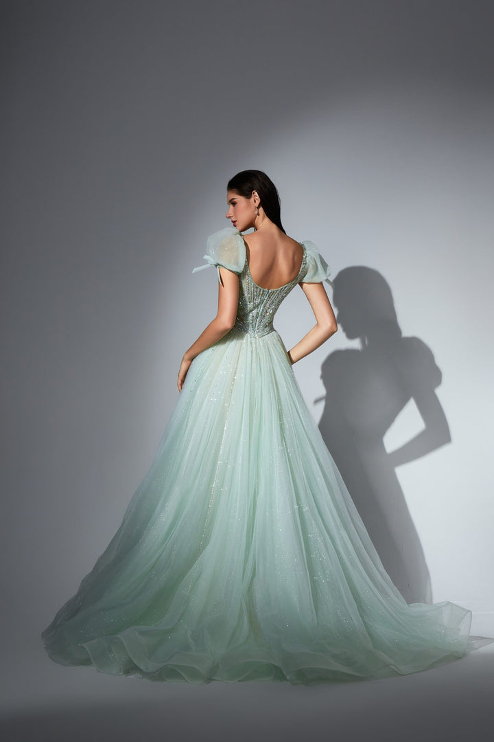 Delilah SH11608 Plunging Beaded Corset Ball Gown with Puff Sleeves - Mint back view