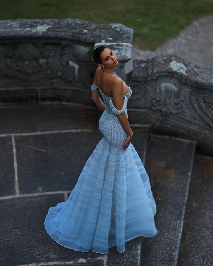 Delilah SH12043 Off-the-Shoulder Crystal Cup Corset Mermaid Gown with Tiered Hem - Blue side view