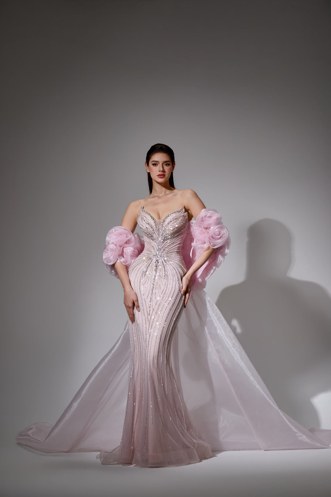 Delilah SH12052 Plunging Beaded Corset Mermaid Gown with Rosette Arm Puffs and Overskirt - Pink front view
