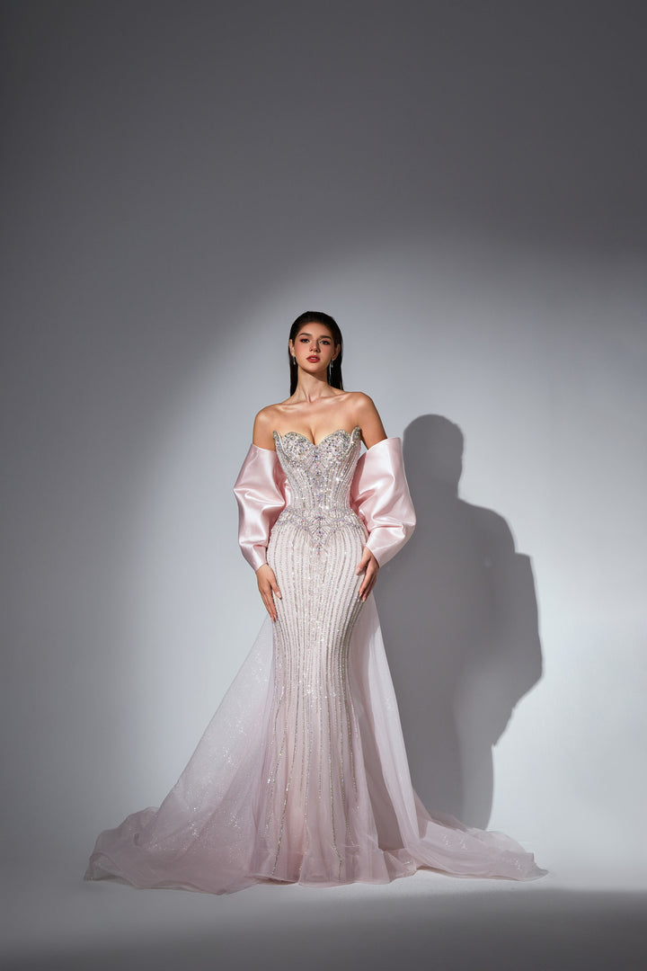 Delilah SH12053 Strapless Crystal Cup Corset Mermaid Gown with Statement Back Bow and Overskirt - Pink front view