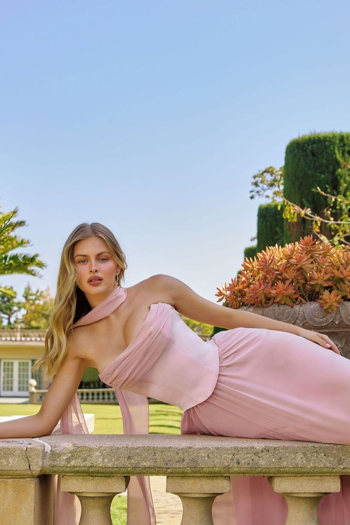 Amoris T741 Draped Chiffon Sleeveless Structured A-Line Dress
