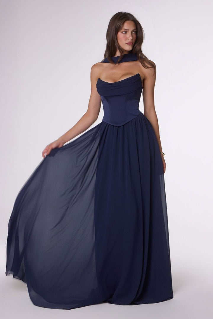 Amoris T741 Draped Chiffon Sleeveless Structured A-Line Dress