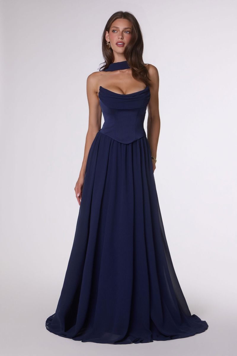 Amoris T741 Draped Chiffon Sleeveless Structured A-Line Dress