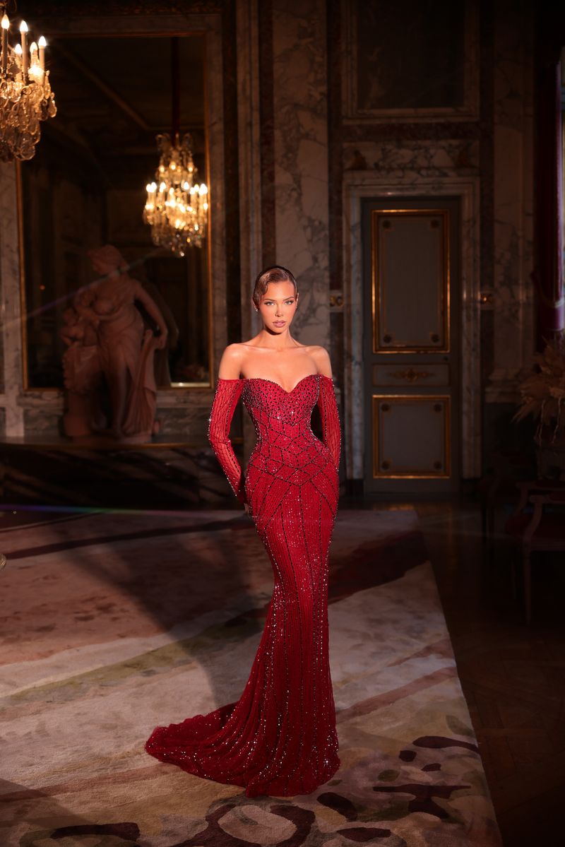 Chic & Holland HF110676 Off-Shoulder Beaded Couture Dress