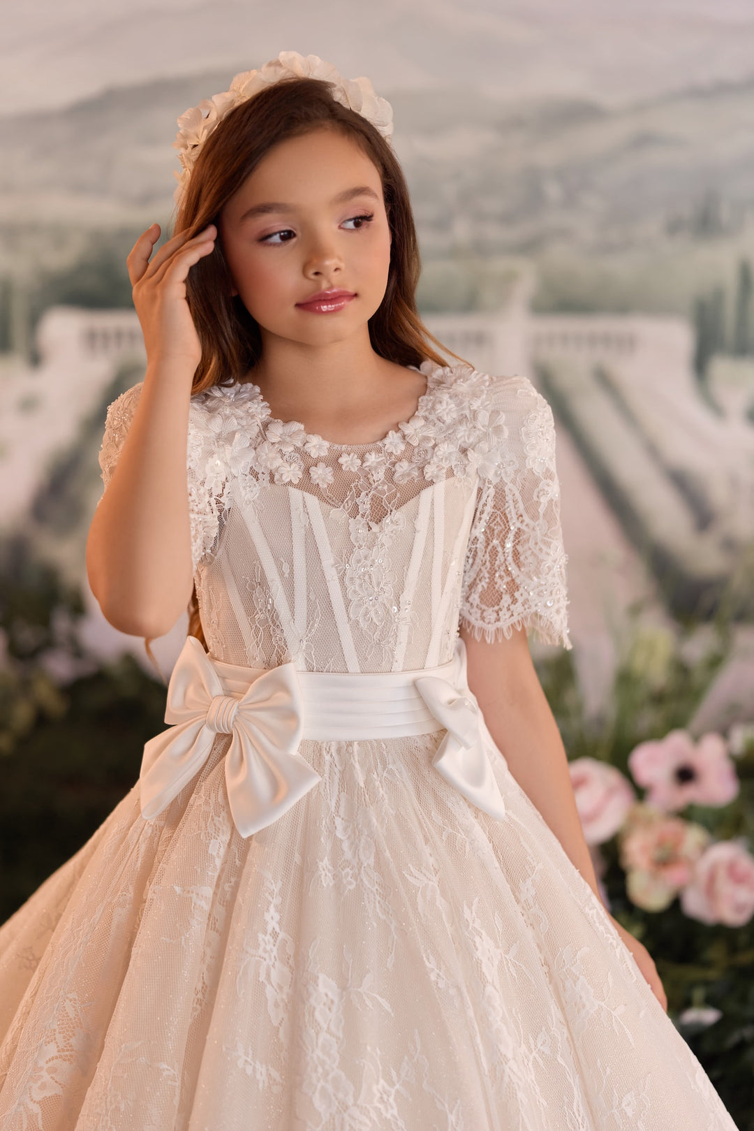 Pentelei 3908 Illusion Back Lace Sash Kids Ball Gown