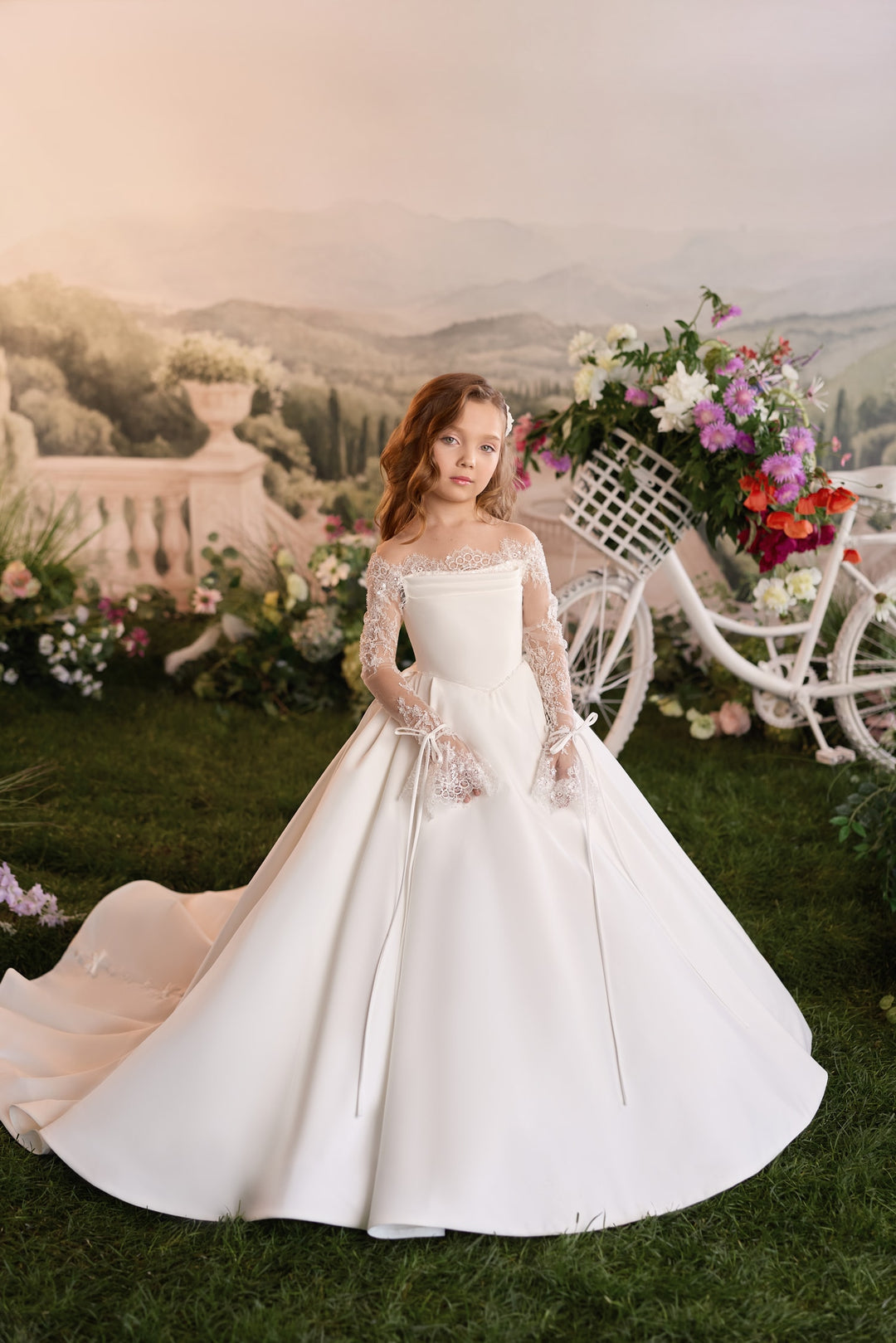 Pentelei 3919 Off-Shoulder Lace Bow Sleeve Kids Ball Gown