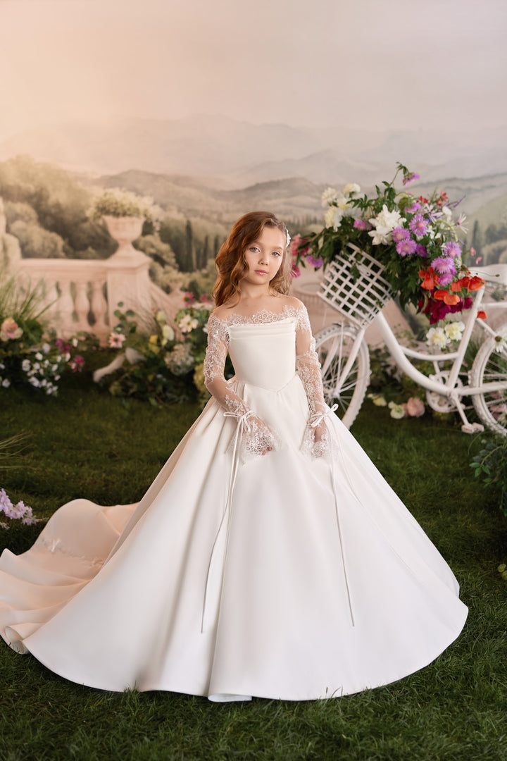 Pentelei 3919 Off-Shoulder Lace Bow Sleeve Kids Ball Gown