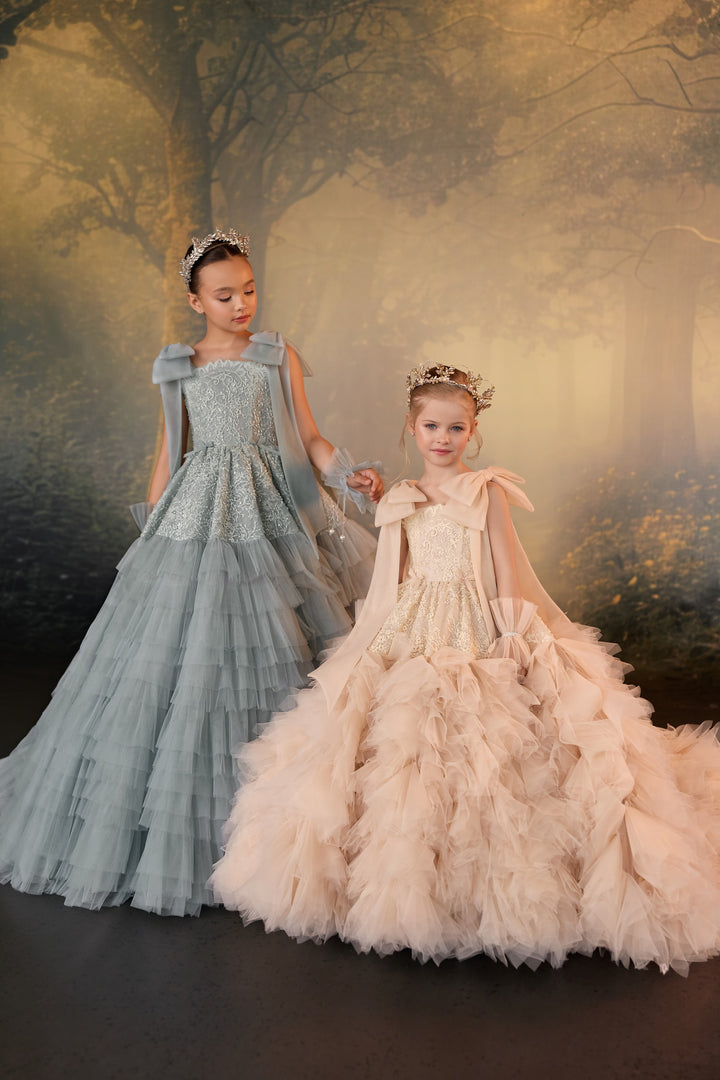Pentelei 3926 Tiered Ruffle Bow Shoulder Kids Ball Gown