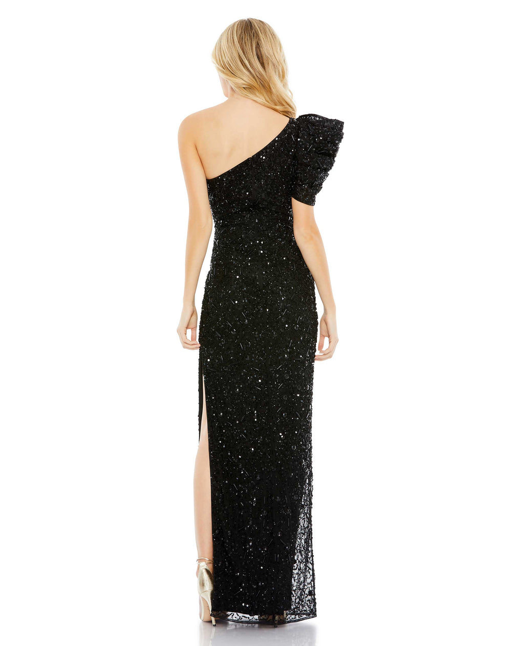 Embellished Puff One Shoulder Column Gown - FOSTANI