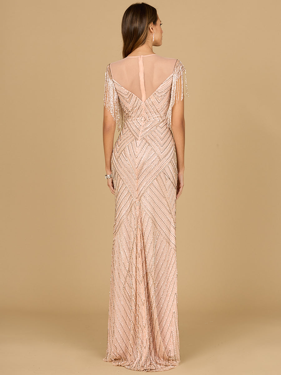 Lara 29053 - Beaded Fringe Illusion Dress with Cap Sleeves - FOSTANI