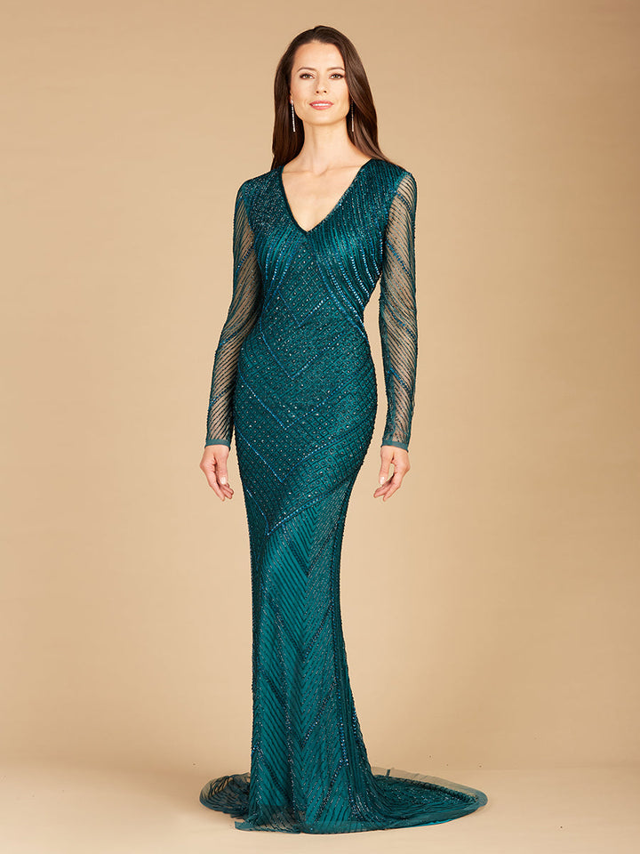 Lara 29228 - Long Sleeve Beaded Dress with Sheer Sleeves - FOSTANI