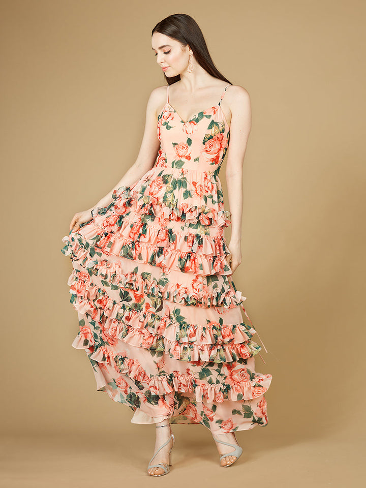 Lara 29242 - Ruffle Skirt Printed Gown with Spaghetti Straps - FOSTANI