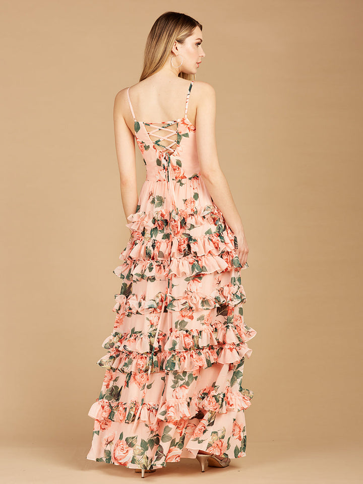 Lara 29242 - Ruffle Skirt Printed Gown with Spaghetti Straps - FOSTANI