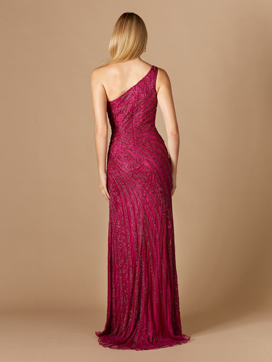 Lara 29283 - One-Shoulder Beaded Gown with Slit - FOSTANI