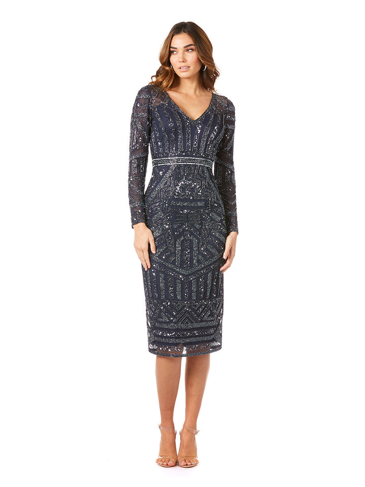 Lara 29348 - Long Sleeve Midi Dress with V-Neckline - FOSTANI