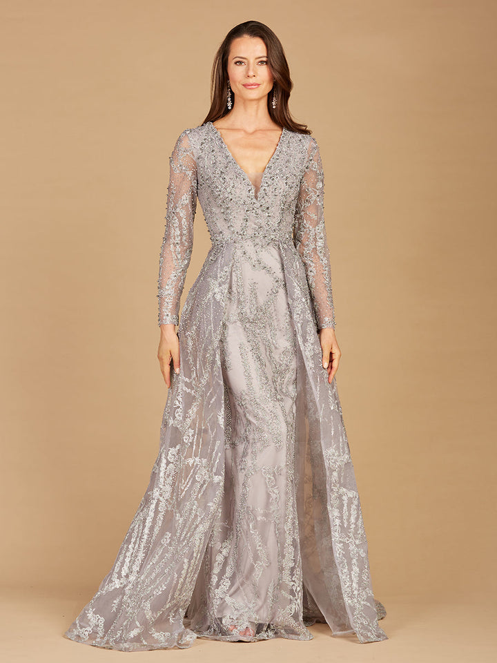 Lara 29352 - Long Sleeve Lace Gown with Overskirt - FOSTANI