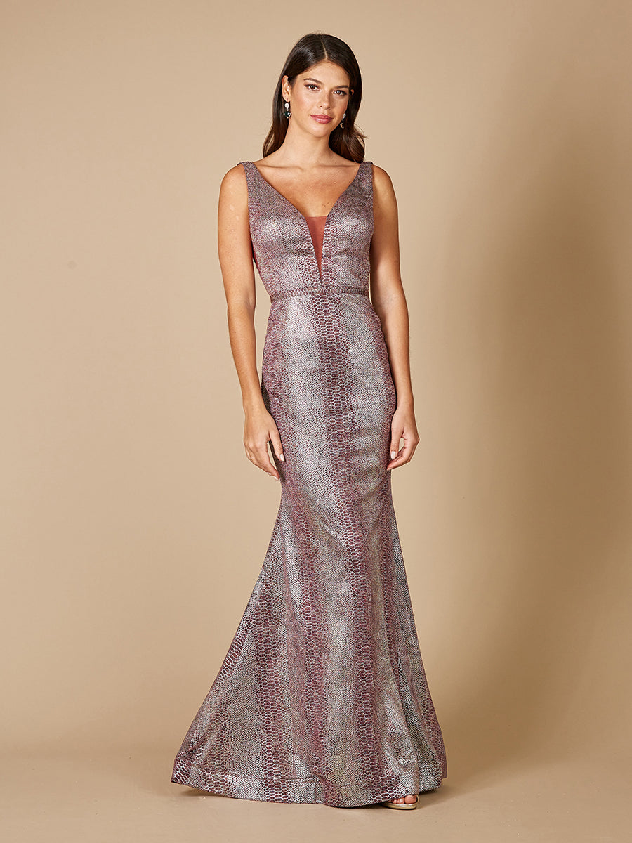 Lara 29461- Plunging V-Neckline Mermaid Snake Print Gown - FOSTANI